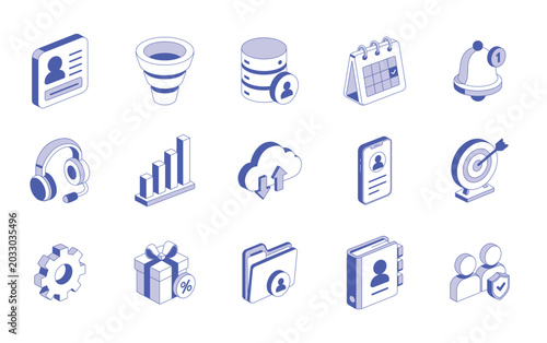 Blue isometric business and data management icon set
