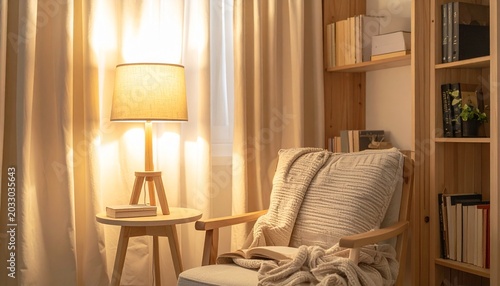 Cozy living room scene with a chair, lamp, and bookshelf indoors.