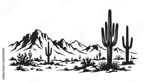 Iconic Desert Scenery with Saguaro Cacti and Mountain Range Silhouette