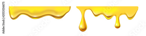 Melting cheese, honey, cream drips with golden honey flow on white background. Yellow glossy liquid texture patterns. 3D food realistic vector illustrations set.