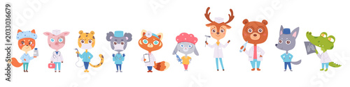 Cute animal doctor mascots in medical coats. Cartoon funny different animals with medical tools, stethoscope and syringe for school, kindergarten, children, pediatric clinics and hospitals.