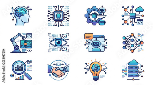 Set of icons representing artificial intelligence and technology concepts.