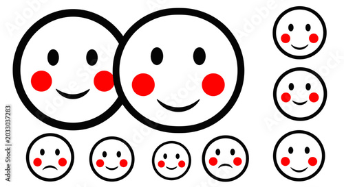 A collection of cartoon-style smiley faces with black outlines and red cheeks, depicting various expressions from happy to sad on a white background.