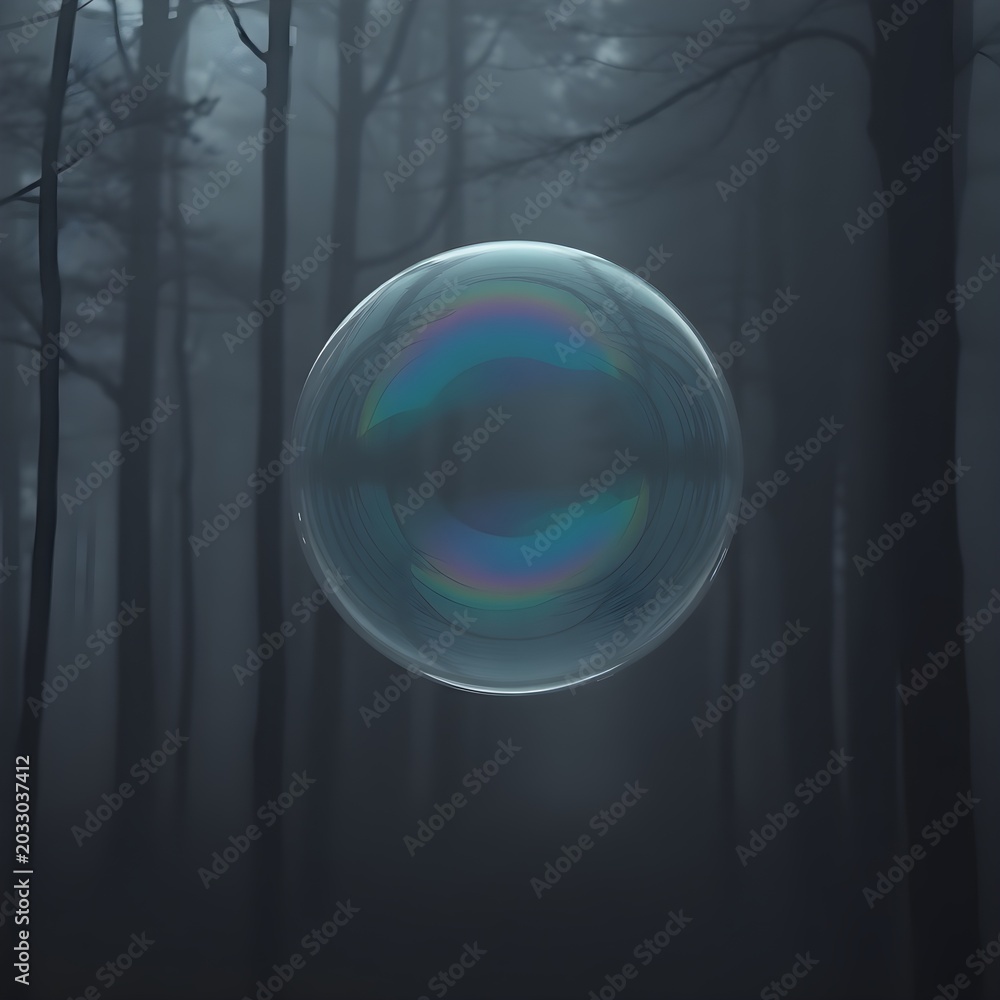 Fototapeta premium Iridescent soap bubble floating delicately in a dark, misty winter forest
