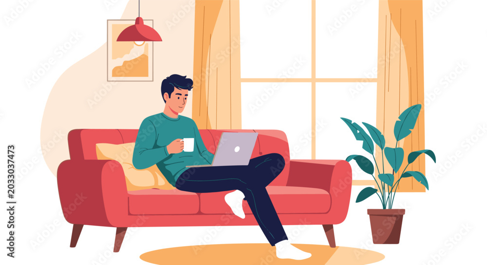 Fototapeta premium Comfortable remote work or freelance concept with man sitting on sofa and using laptop while drinking coffee at home.