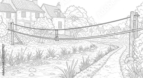 Foto Rustic wooden fence with wire spanning across a field.