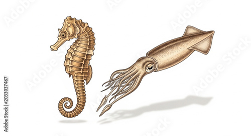 Bild auf Leinwand Seahorse and Squid Illustration.