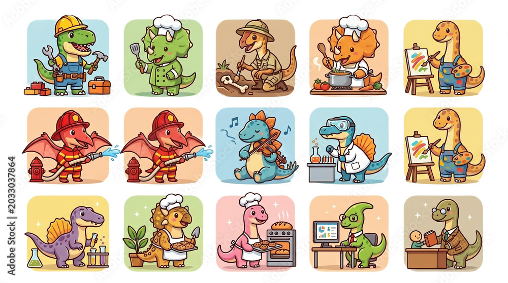 Obraz premium Funny Dinosaur Worker Icons 