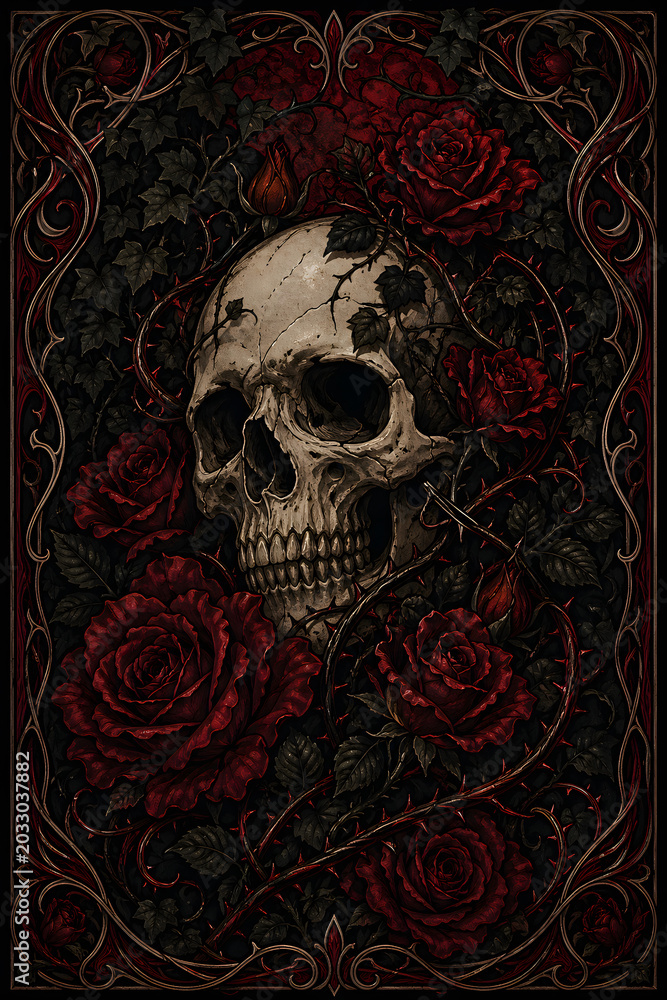 Fototapeta premium Dark gothic skull surrounded by deep red roses, thorny vines, ivy, and ornate borders, ideal for tattoo, poster, album cover, and romantic horror design
