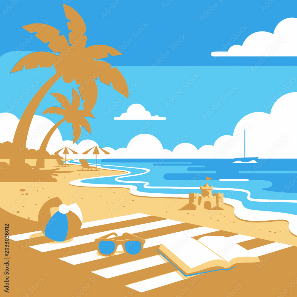 Obraz premium Beach scene with palm tree towels.