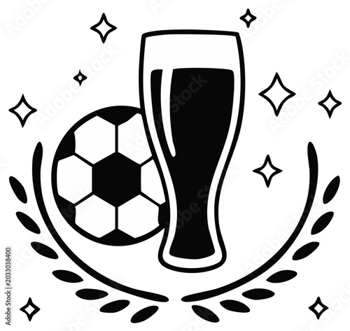 Soccer Ball with Beer Glass and Laurel Wreath Element, Decorative Illustration