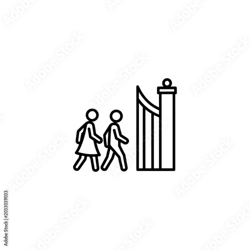 Couple walking through open gate minimalist line icon
