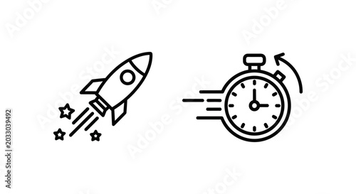 Fast track concept icons with rocket launch and speeding stopwatch for rapid progress stopwatch acceleration priority efficient deadline quickness movement illustration