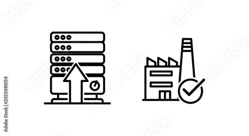 Server deployment and production-ready factory icons for technology development and industrial solutions with deployment production technology industry development software automation