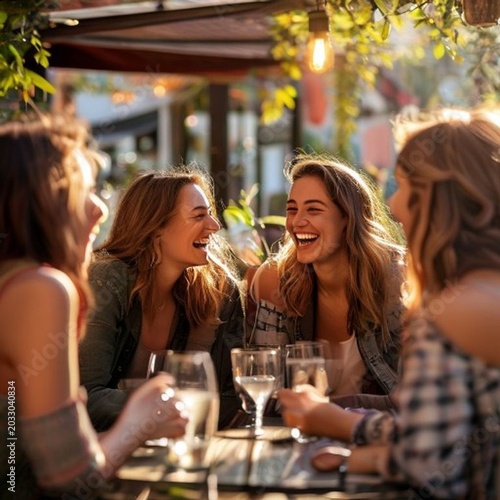 friends laughing together at outdoor cafe social gathering