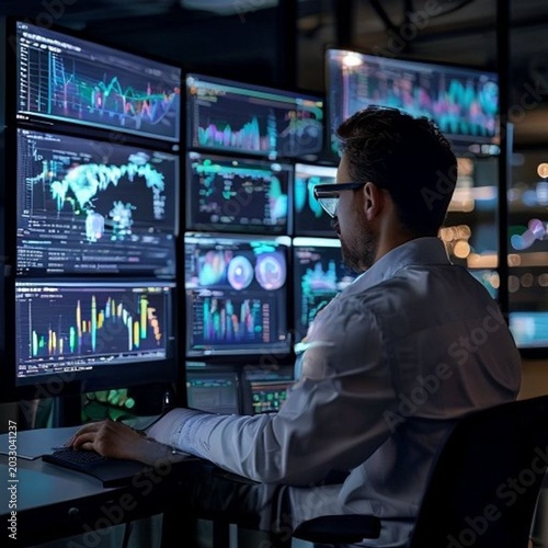 data scientist analyzing charts on multiple screens big data