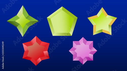 Vibrant collection of 3D geometric star and polygon shapes in green, red and pink with glossy faceted surfaces, ideal for logos, game assets, children’s graphics, badges, and stickers