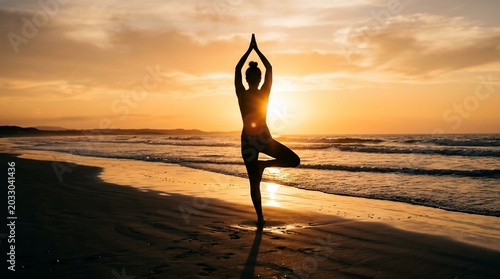 Silhouette of a woman practicing yoga tree pose on a sandy beach during a golden sunset over the ocean waves