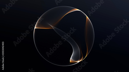Gold and white wireframe energy sphere with glowing wave ribbons on dark background, futuristic digital structure for tech visuals and luxury design projects.