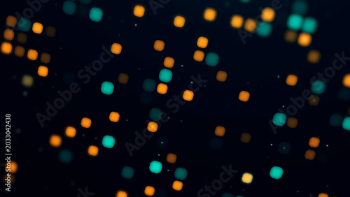 Soft bokeh particles with orange and teal glowing lights on dark halftone background, abstract festive tech design for events, music visuals and overlays.