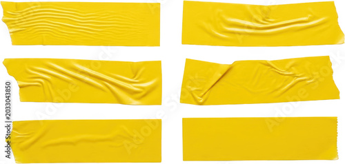 Six strips of crumpled and smooth yellow adhesive tape are displayed in a grid formation showcasing varied textures and forms yellow tape sticky tape masking tape duct tape