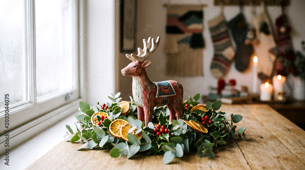 Fototapeta premium A festive holiday decoration featuring a reindeer figurine on a green wreath with orange slices and red berries on a wooden table