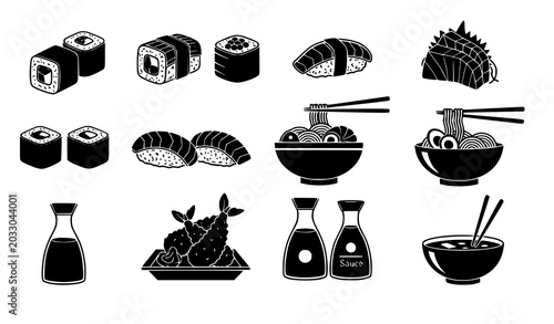 Black Vector Icon Set of Sushi Rolls and Noodle Bowls for Asian Food Menus