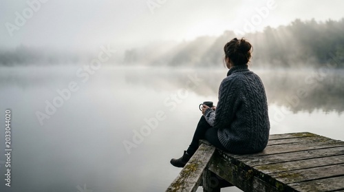 Woman sitting on wooden dock drinking coffee in a misty morning lake