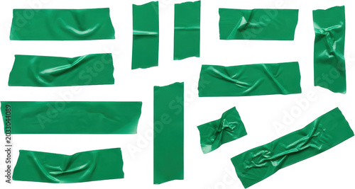 A collection of various green adhesive tape strips with wrinkled textures and torn edges arranged in a random pattern green tape wrinkled tape torn tape sticky tape graphic resource