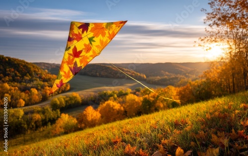 Colorful Kite Gliding Over Scenic Autumn Landscape with Leaf Patterns
