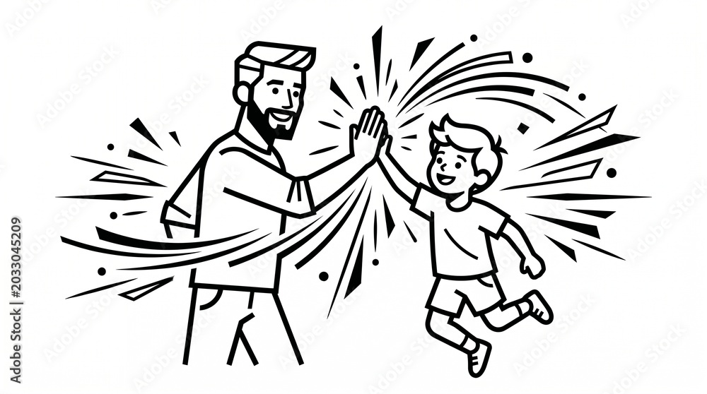 Obraz premium Black and white line drawing of a happy father and son high-fiving with radiating energy, celebrating success or connection.