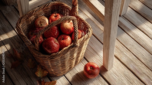 Small Wicker Basket Filled with Red Apples in Corner of Wooden Floor