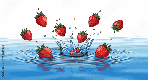 Red strawberries splash into blue water creating ripples and droplets