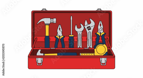 Red toolbox overflowing with various hand tools, ready for work