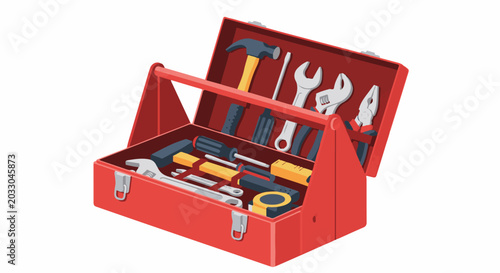 Red toolbox filled with various metal hand tools and a tape measure