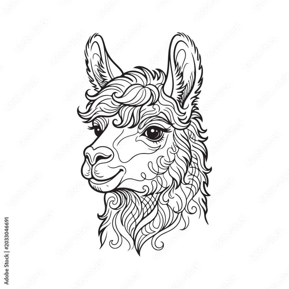 Fototapeta premium Black and white line of a stylized llama head alpaca animal face d
