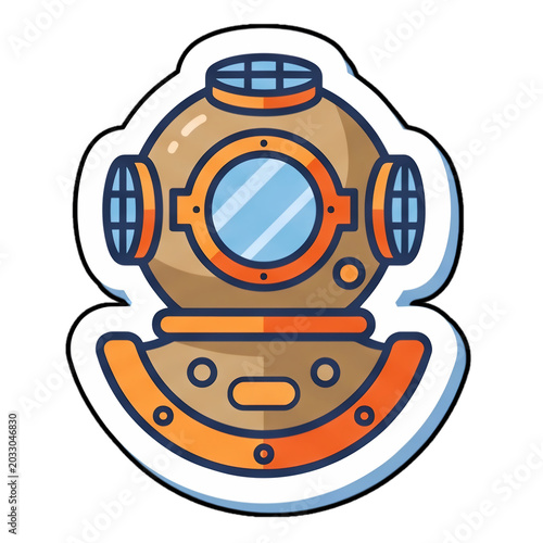 Vintage Diving Helmet Die Cut Sticker with Nautical Cartoon Style