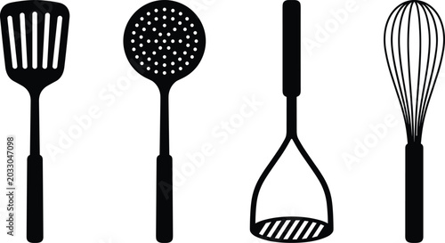 Obraz na płótnie Black silhouettes of kitchen utensils including spatula, skimmer, potato masher,