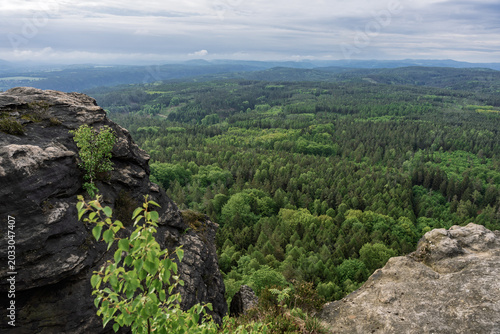 Dramatic morning view from Grosser Zschirnstein, Saxon Switzerland, Germany, with distant horizon, layered clouds, deep forest below and sandstone rocks in foreground.