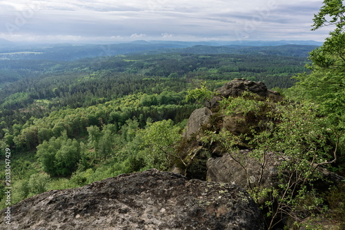 Dramatic morning view from Grosser Zschirnstein, Saxon Switzerland, Germany, with distant horizon, layered clouds, deep forest below and sandstone rocks in foreground.