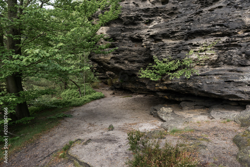 Sandstone overhang along hiking trail near Grosser Zschirnstein, Saxon Switzerland, Germany.