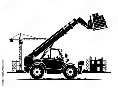 Billede på lærred Silhouette of a telescopic handler lifting construction materials