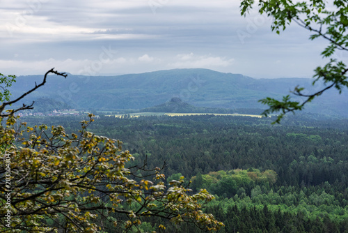 View from hiking trail near Grosser Zschirnstein, Saxon Switzerland, Germany.