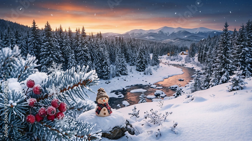 Small cute snowman wearing a warm hat and scarf sitting peacefully on a snowy rock in a beautiful winter landscape