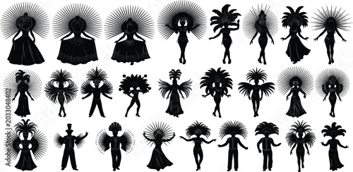 Schilderij op canvas Carnival Dancer Silhouette Icon Set with Samba Performers wearing Feather Headdr