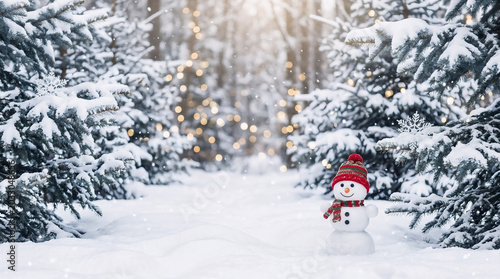 A cute festive snowman wearing a colorful knitted hat and scarf stands in a beautiful snowy forest during the winter