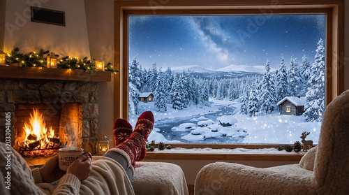 Person relaxes by a warm cozy fireplace while enjoying a hot drink and watching the beautiful snowy winter landscape outside