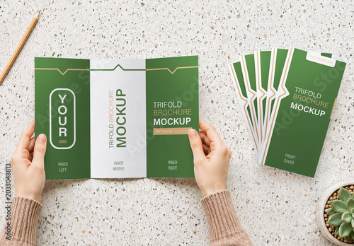 Modern Green Trifold Brochure Mockup with Hands, Pencil and Succulent on Terrazzo Desk