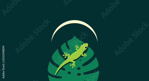 Canvas-taulu Green Gecko on Tropical Leaf Under Crescent Moon Vector Illustration