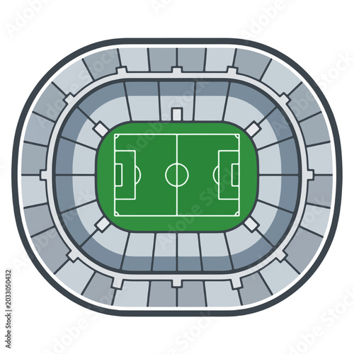 Aerial view of a modern football stadium with green pitch and seating areas